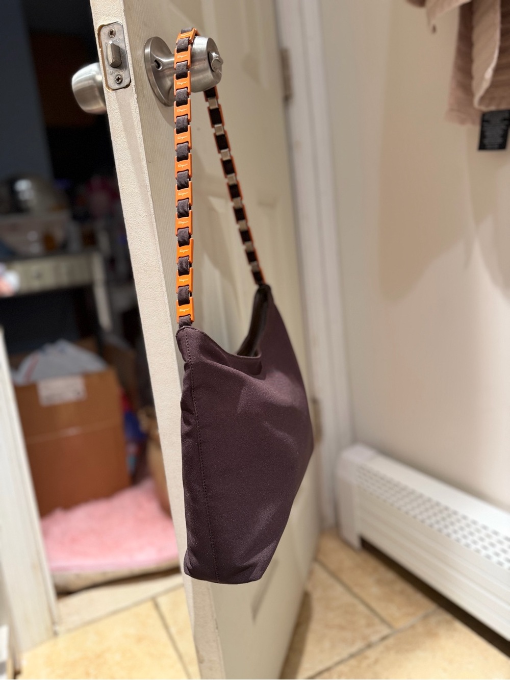 Salvatore Ferragamo Nylon Shoulder Tote Bag with Plastic Chain Strap EUC Brown - Picture 5 of 15